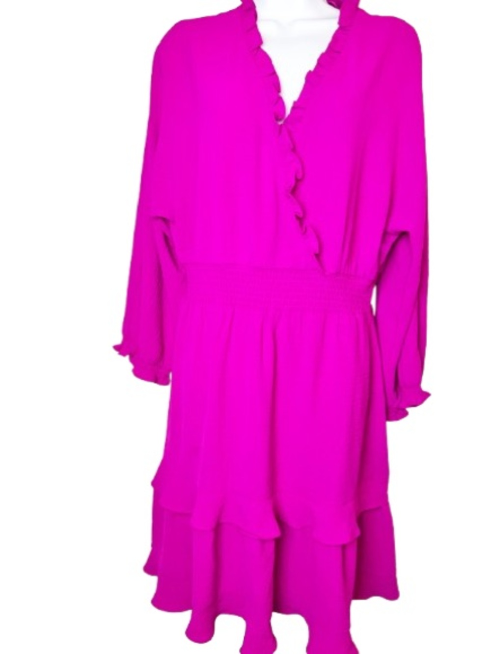 SZ L Emma & Michele Bright Magenta Ruffle V-Neck Tiered Dress